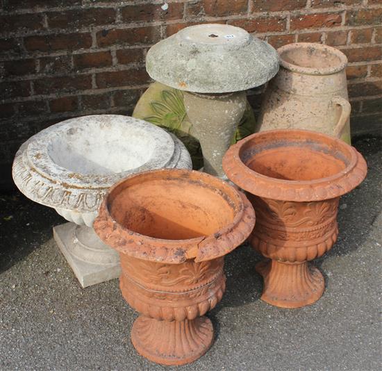 Pair terracotta urns, vase & 3 stone items